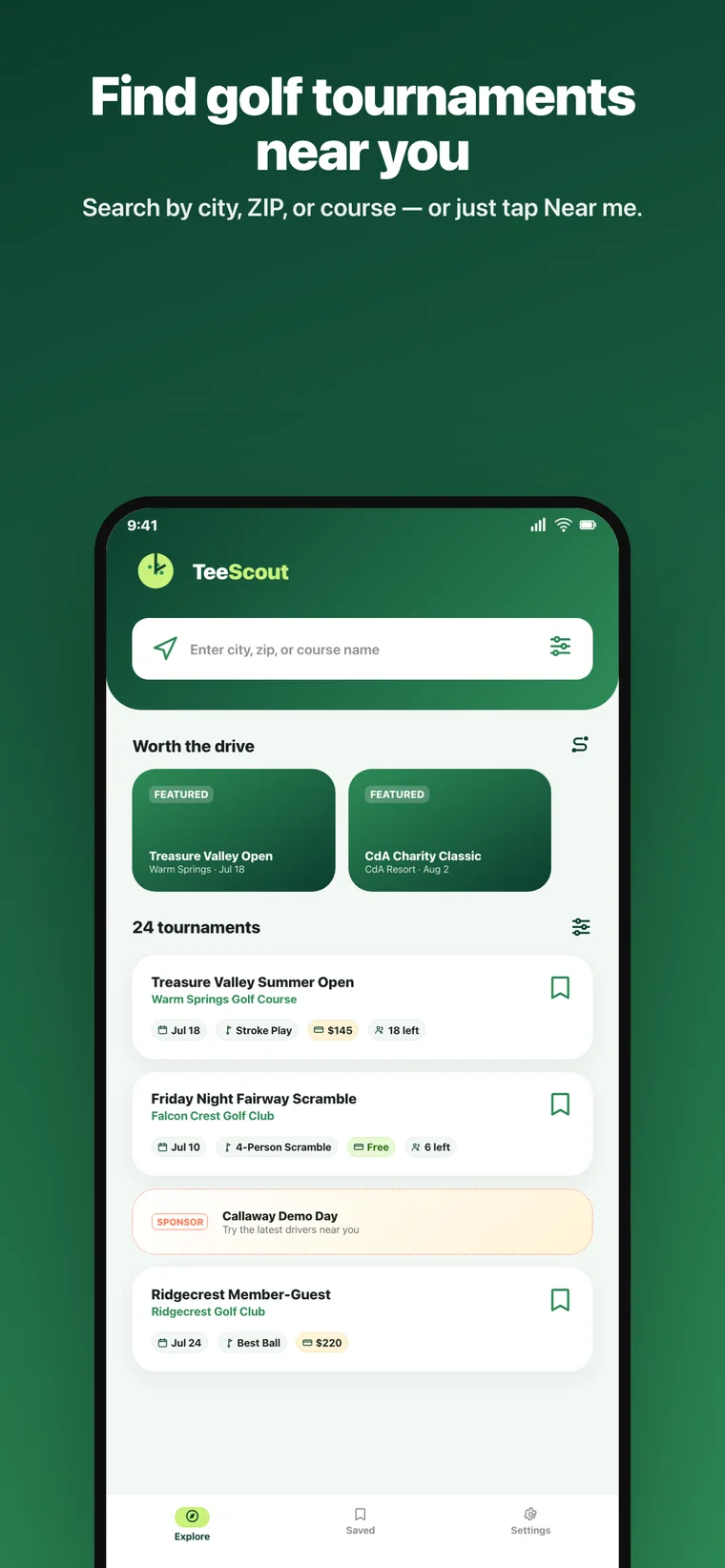 TeeScout explore screen showing nearby golf tournaments